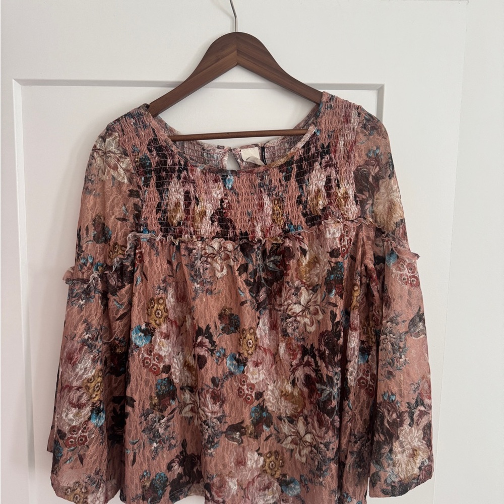 Anthropologie Mauve Floral Smocked Peasant Blouse